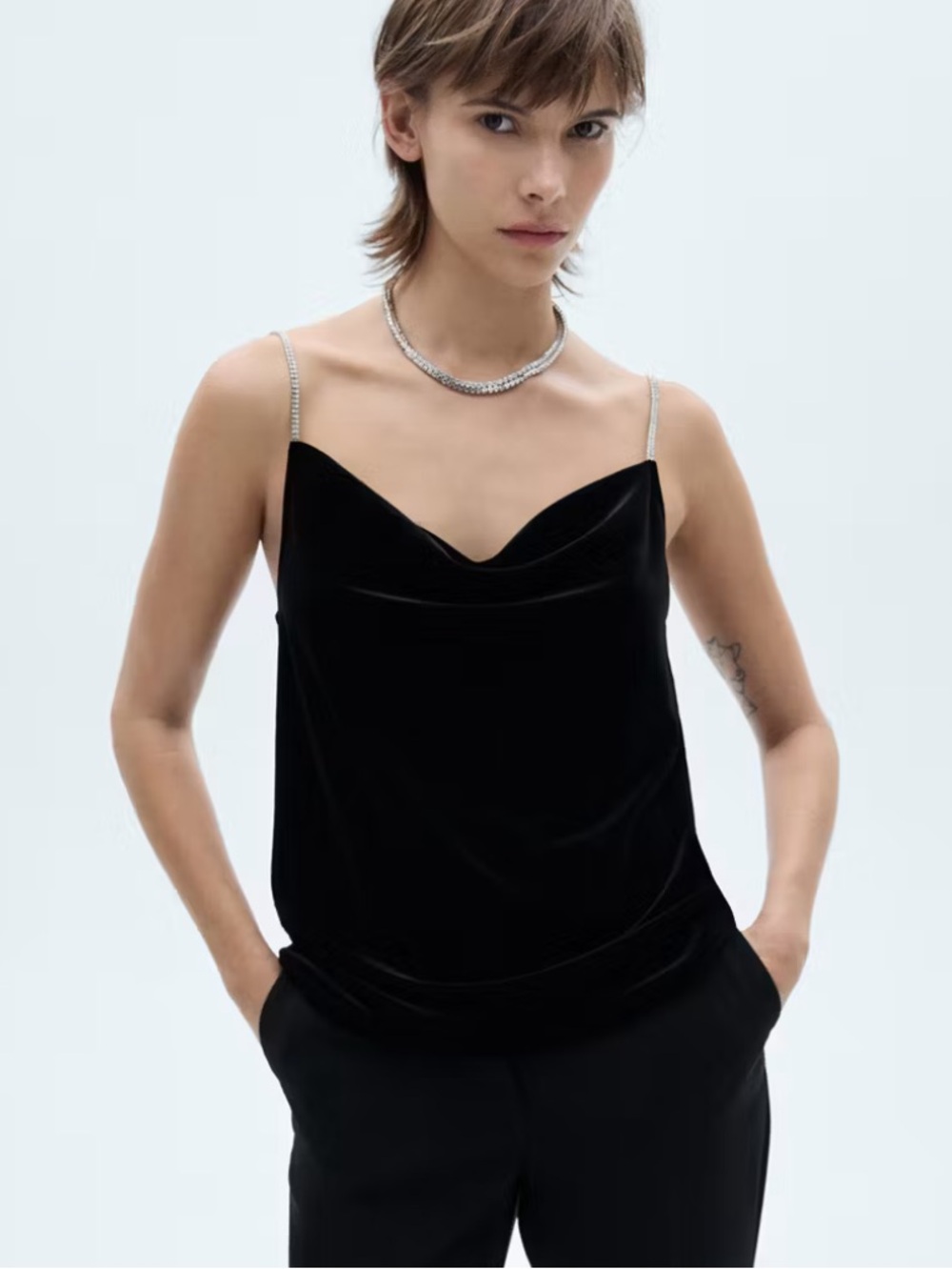 Mango Velvet top with rhinestone straps Black Camisole Medium